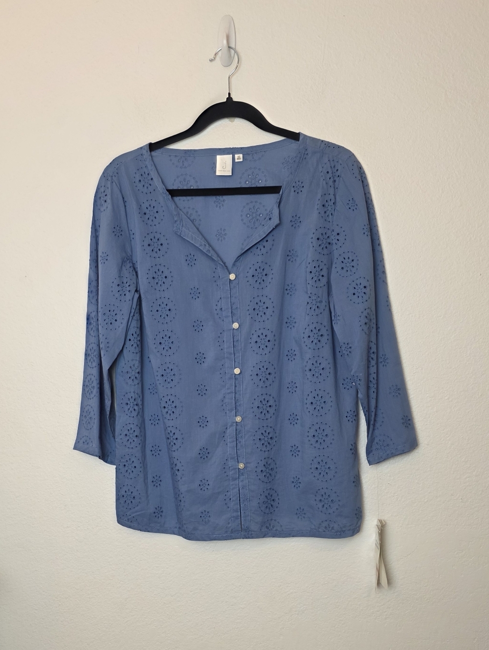 🚨NEW JONES NY Blue Eyelet Button Down Top Cotton Coastal Spring Size XS